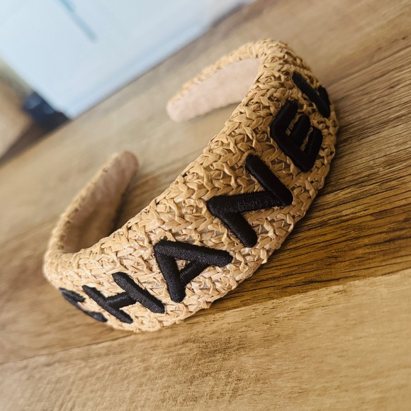 Tan Woven Headband with Black Embroidered Lettering - Picture 2 of 2